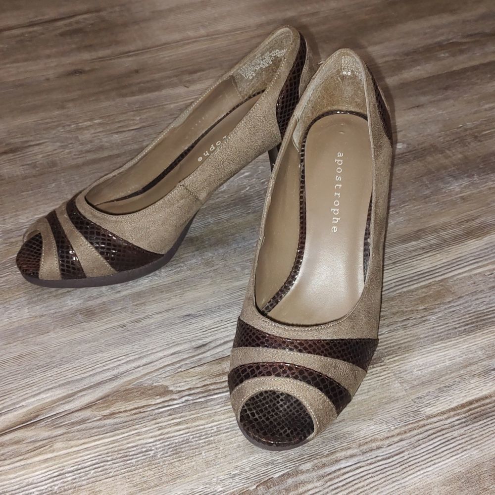 Apostrophe tan brown peep toe heels